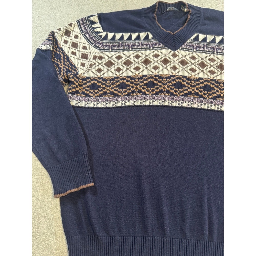 Sean John V Neck Sweater Mens 3XL Navy Blue Good Fair Isle Geometric Pullover - Picture 2 of 11